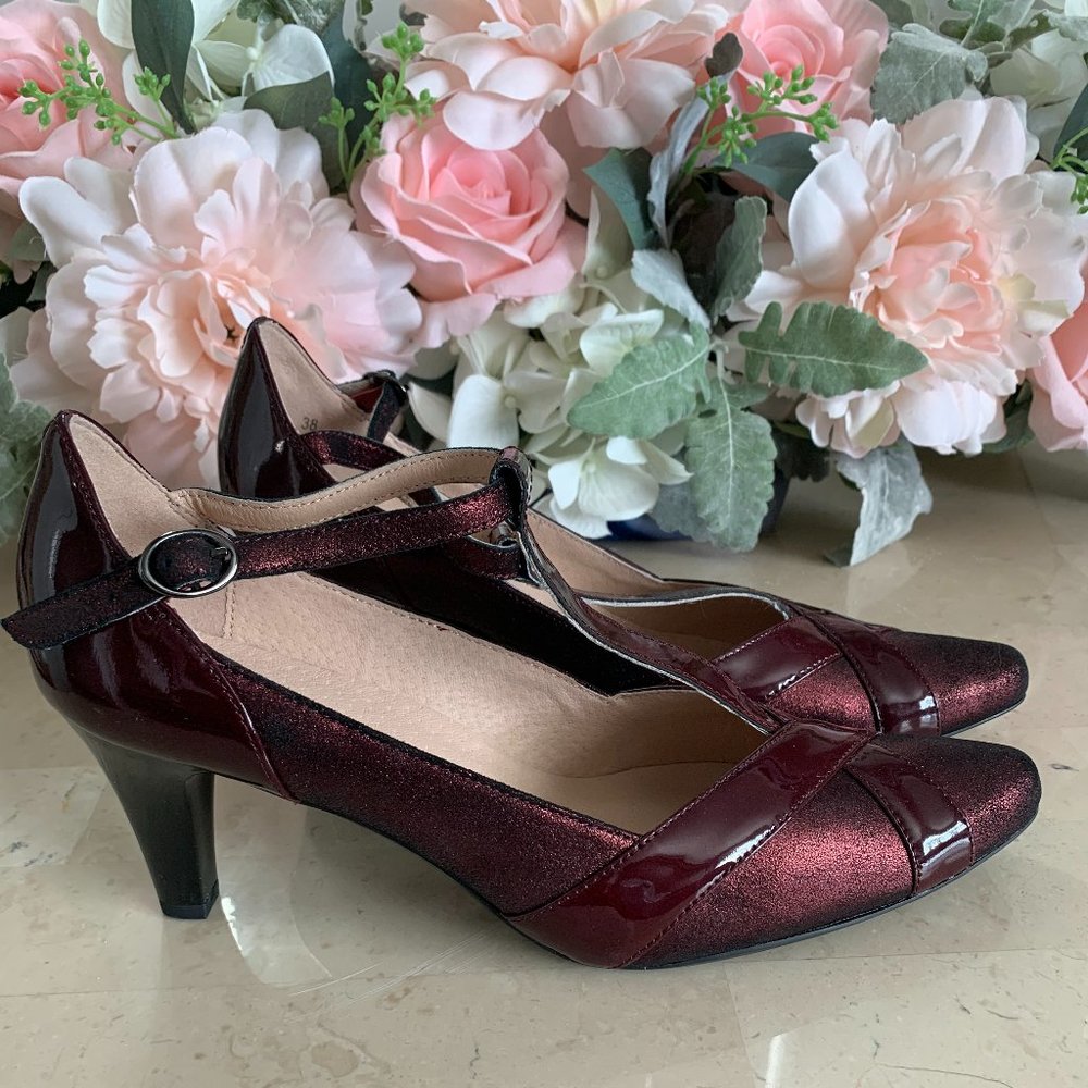 Sz 38 Sweet Burgundy T-strap Heels BNIB